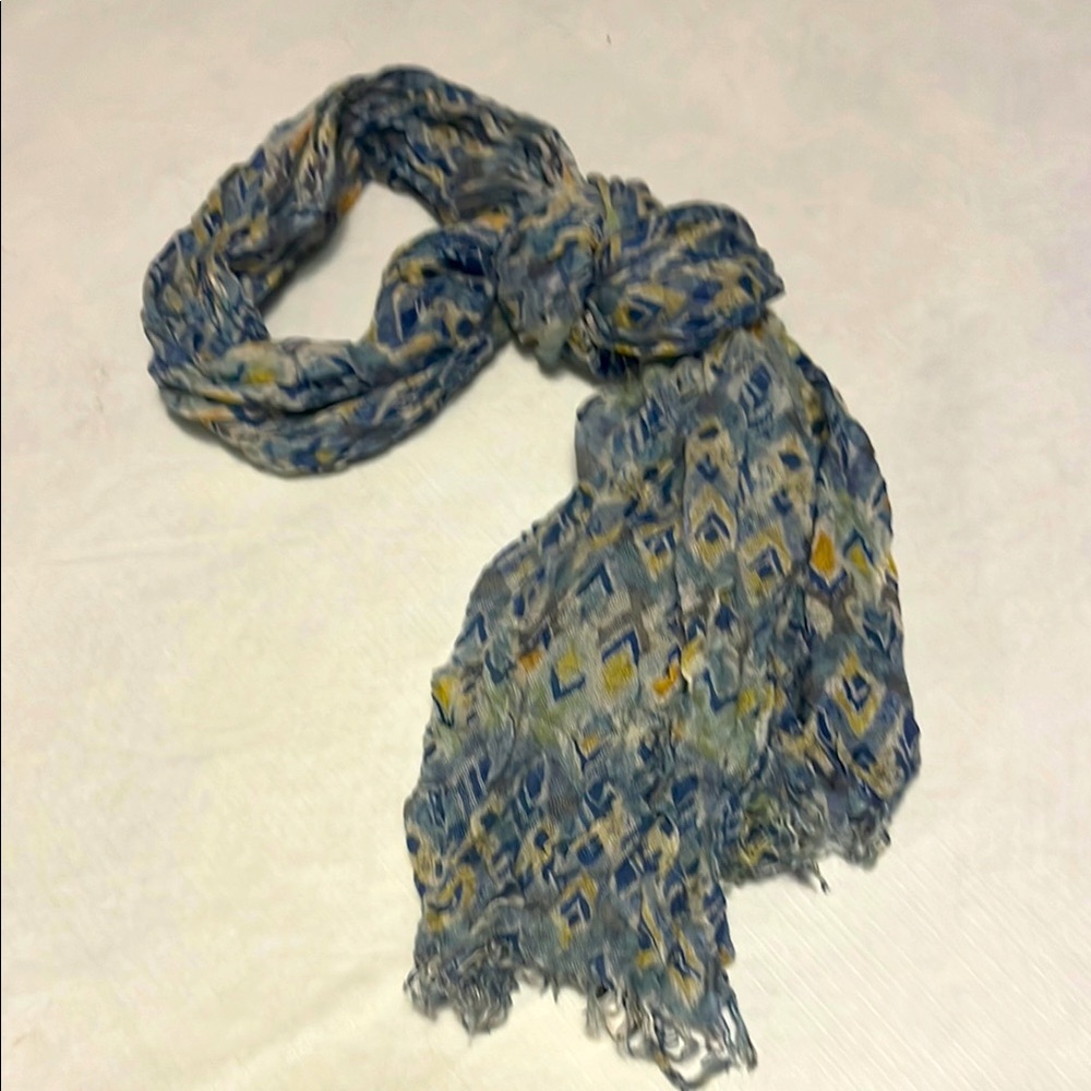 Banana Republic Blue and Yellow Scarf with Peacock Feather Design